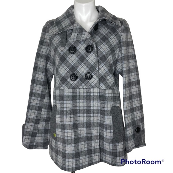 Soia & Kyo Gray Plaid Wool Coat Large Blue Pea A-Line